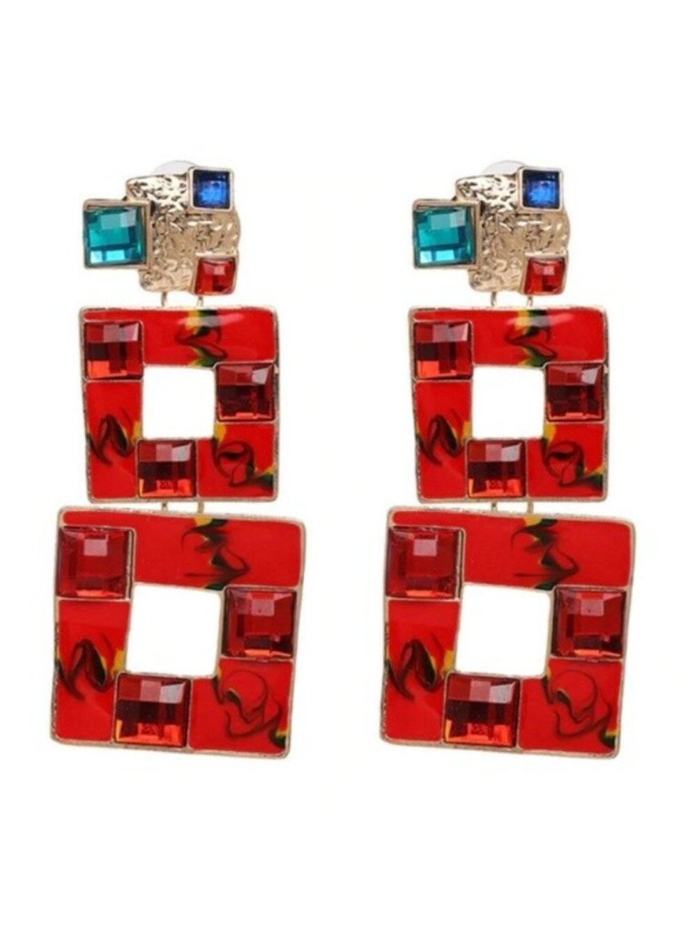 Red Square Retro Vintage Long Blue Rhinestone Gold Drop Statement Earrings